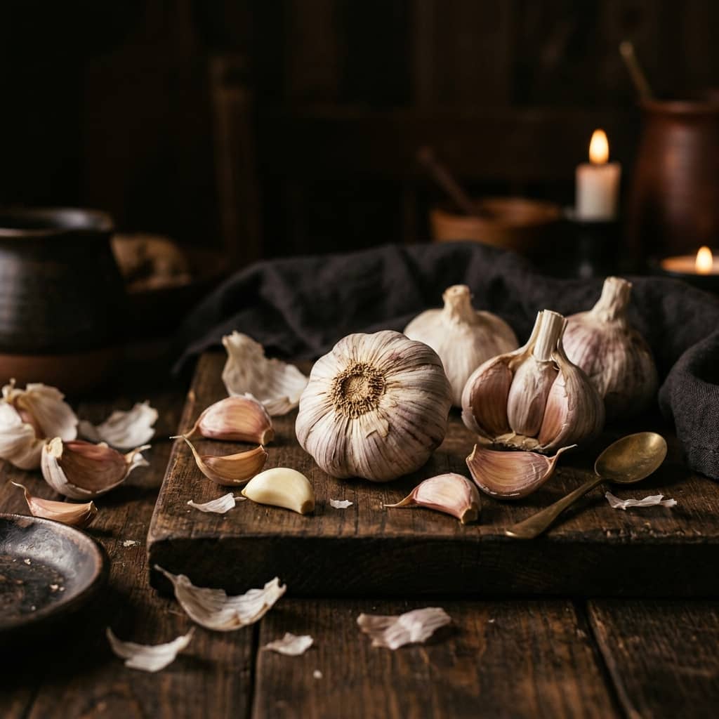 Fresh garlic bulbs with papery skin