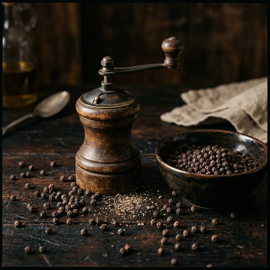 Black peppercorns scattered on dark surface
