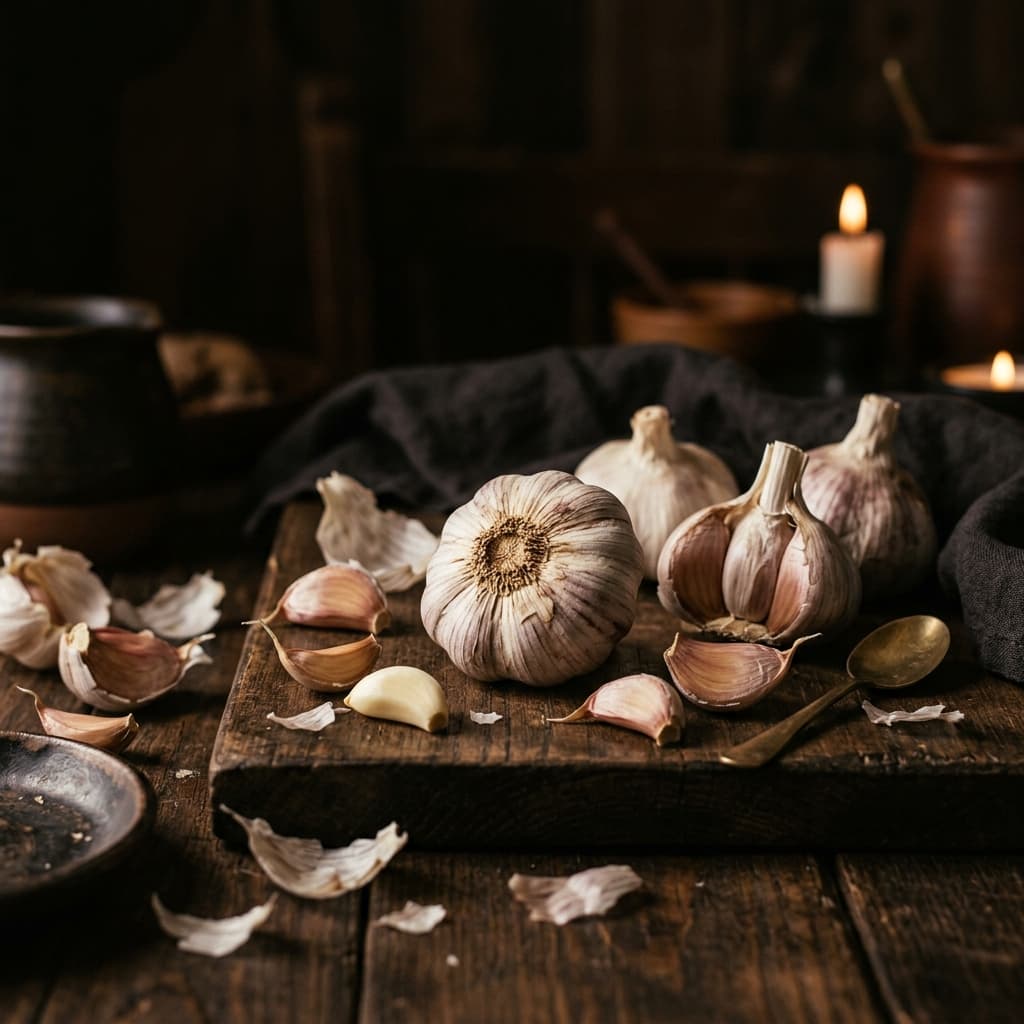 Fresh garlic bulbs with papery skin