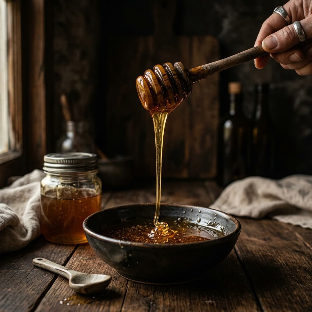 Golden honey dripping from a wooden dipper