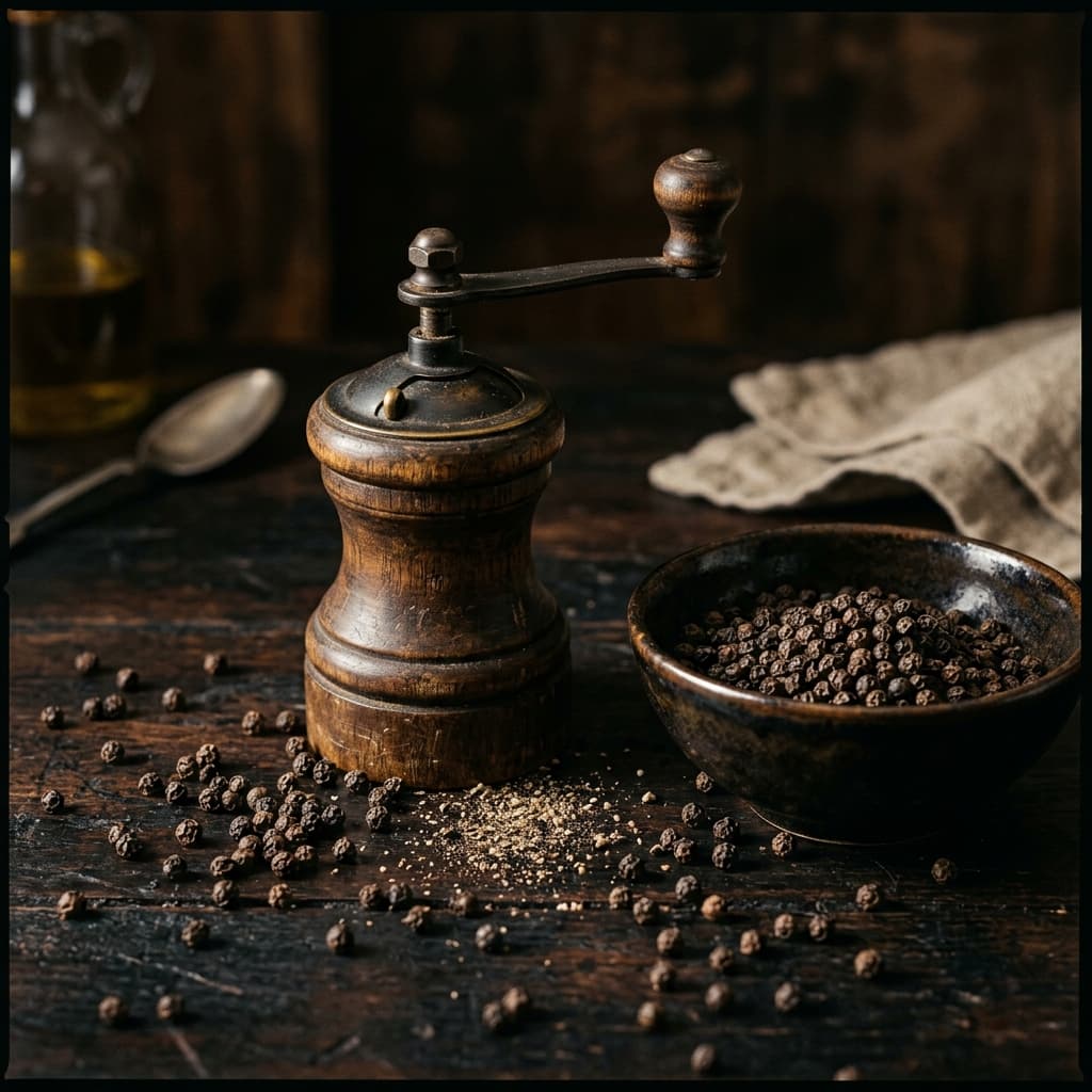 Black peppercorns scattered on dark surface
