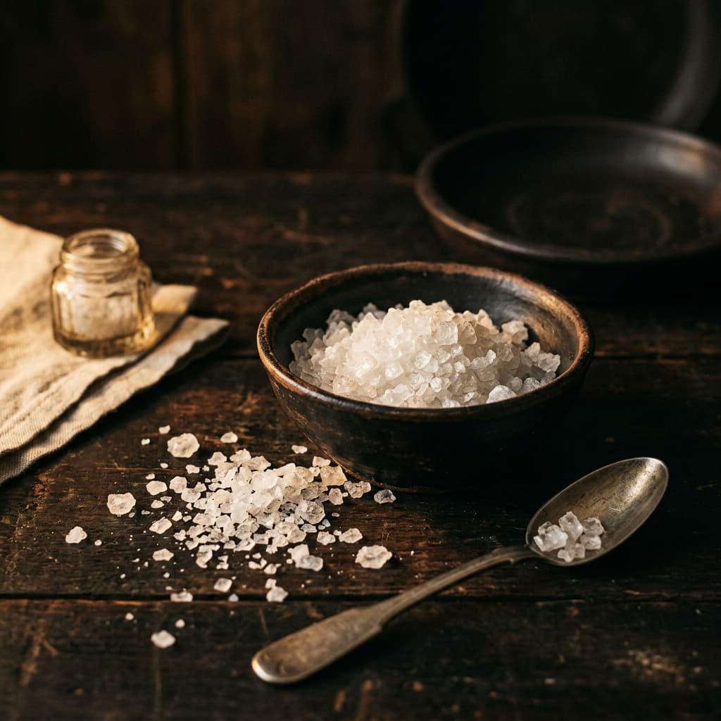 Coarse sea salt crystals on a dark wooden surface