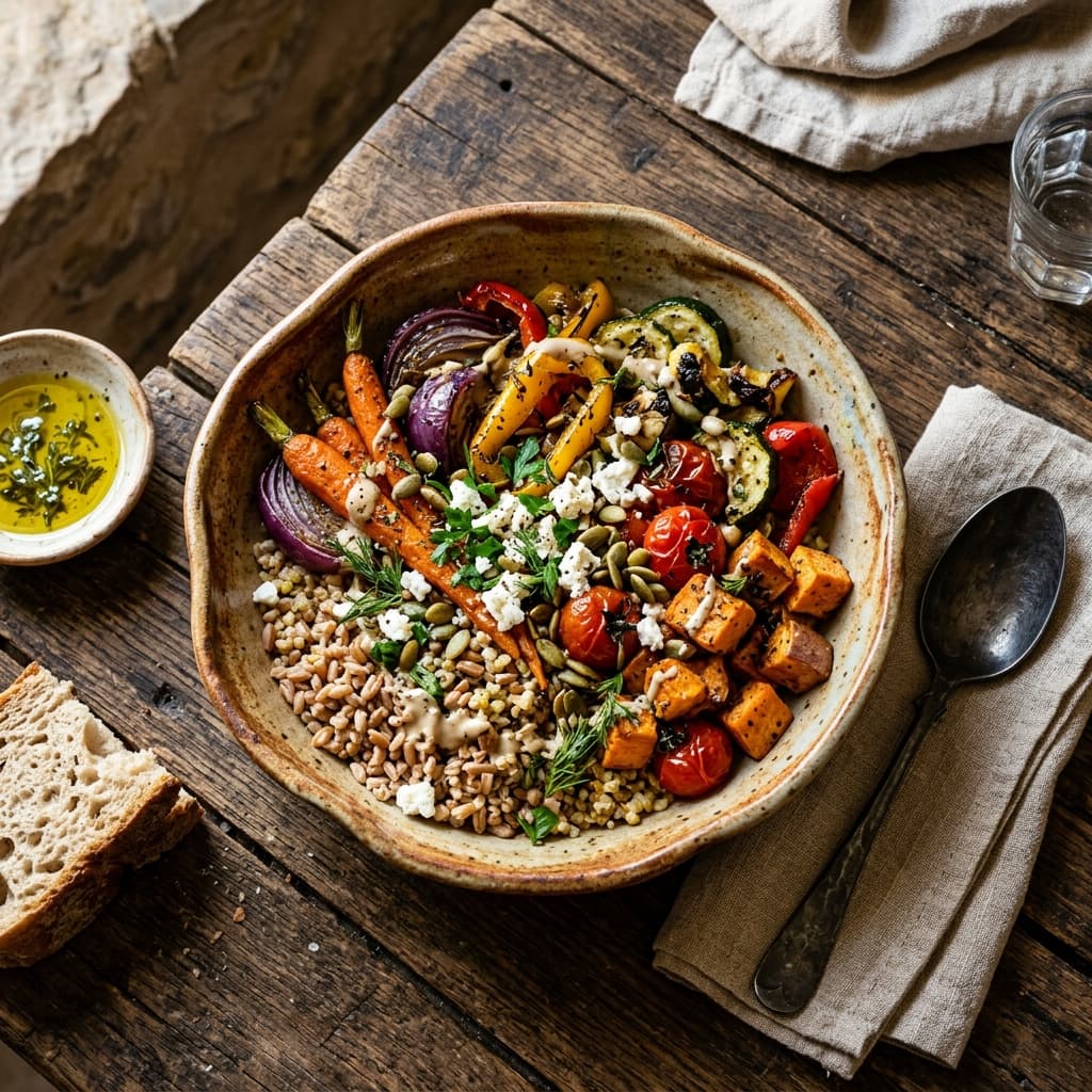 A rustic, cinematic roasted vegetable bowl with ancient grains
