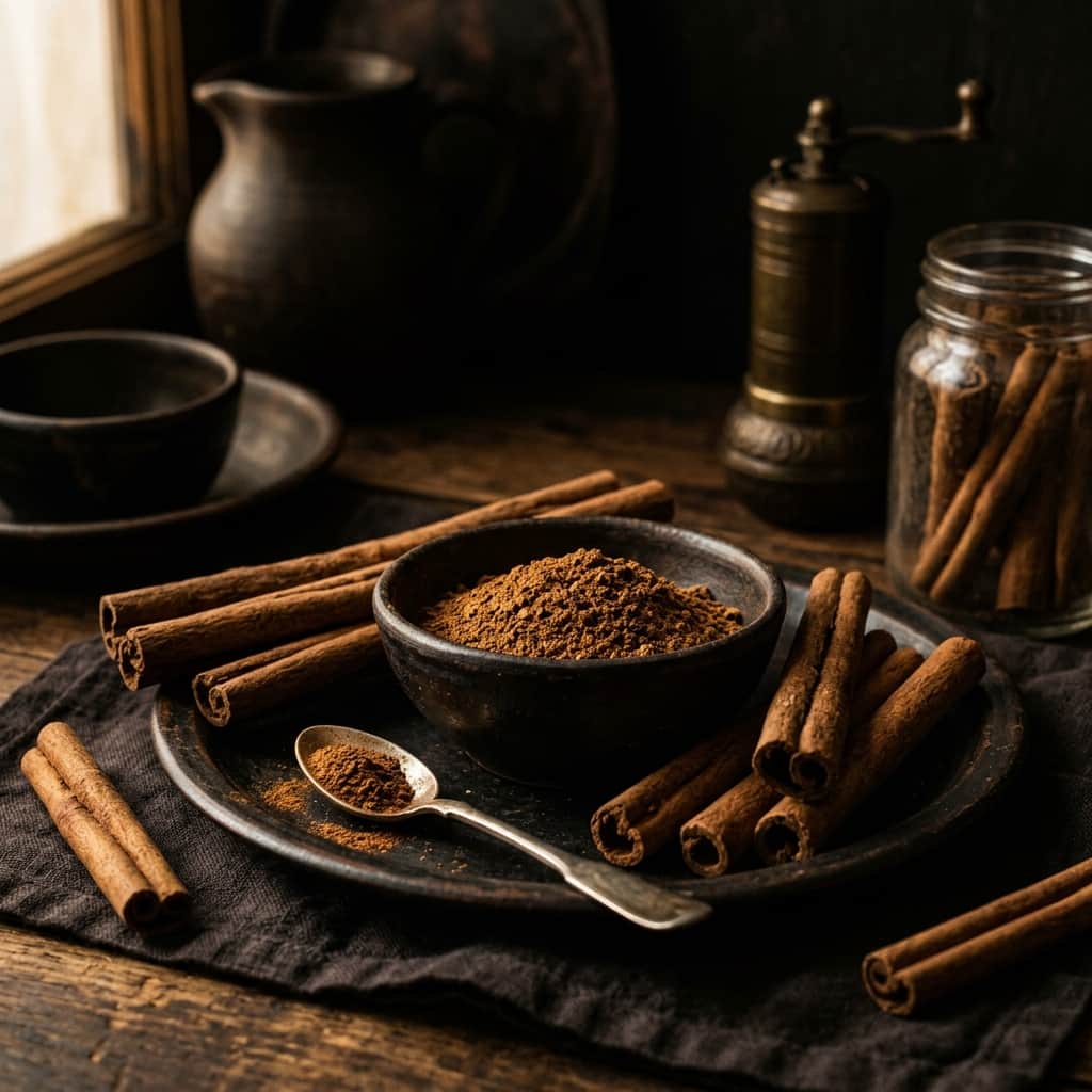 Cinnamon sticks and ground cinnamon in warm light