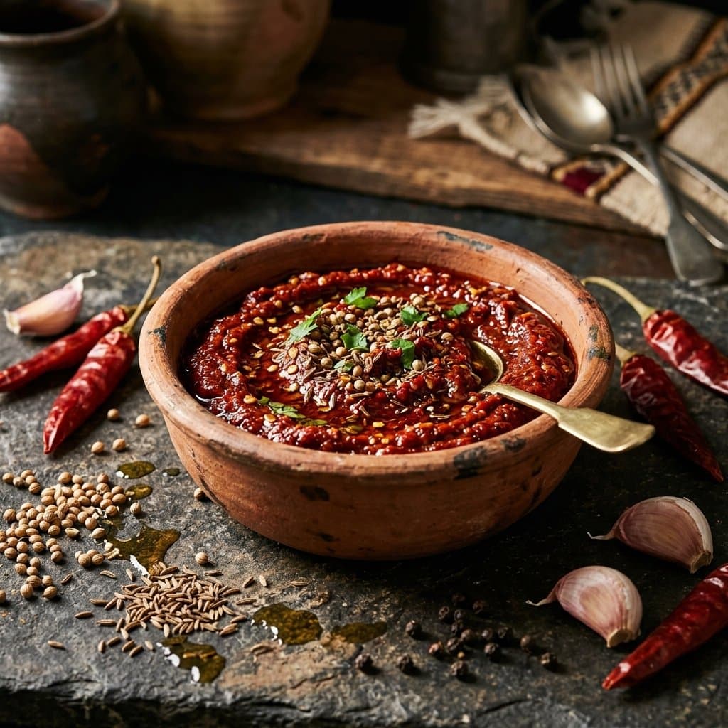 Bright red harissa chili paste in a glass jar with dried peppers, garlic, olive oil, and North African spices