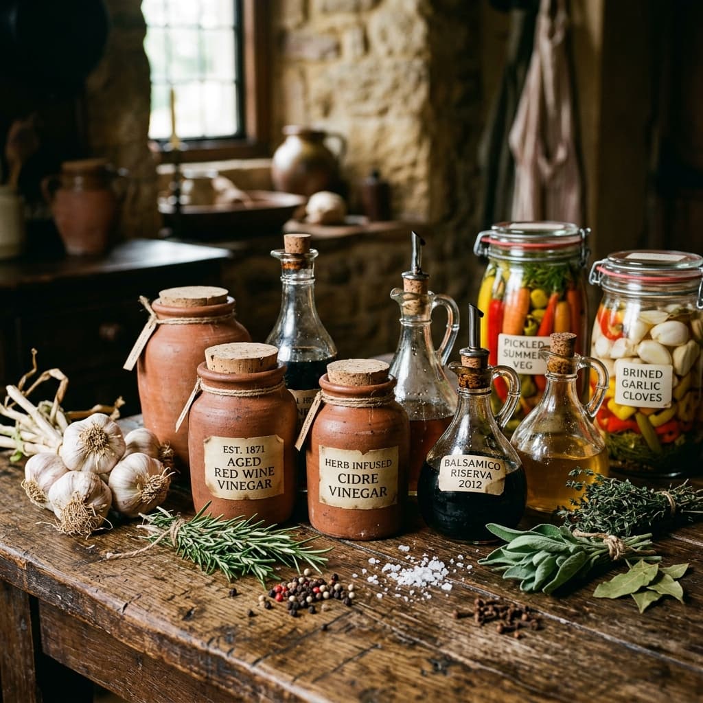 Rustic clay jars and vintage glass cruets containing aged vinegar, surrounded by fresh garlic, rosemary, and jars of pickled vegetables in warm historic light