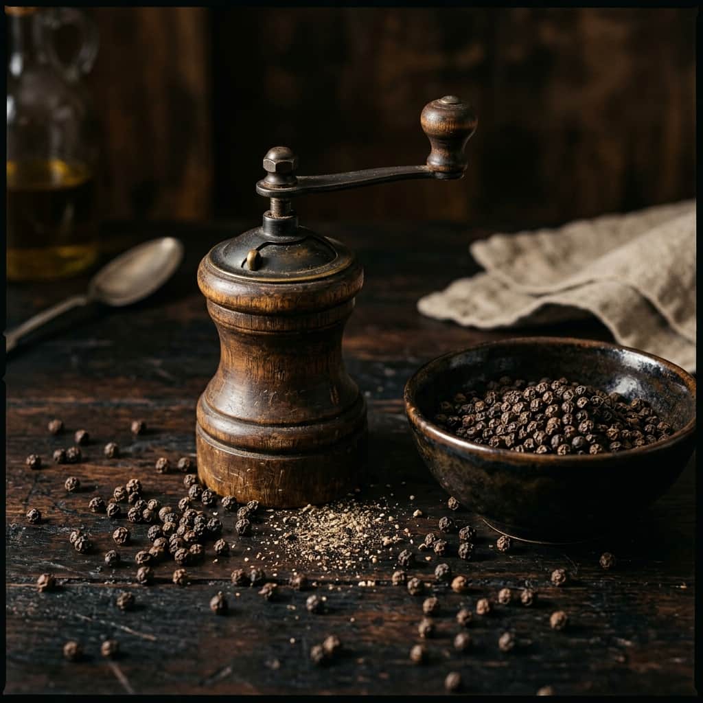 Black peppercorns scattered on dark surface