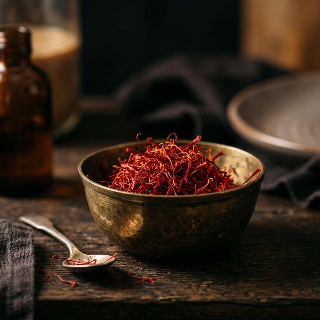 Precious saffron threads in a golden bowl
