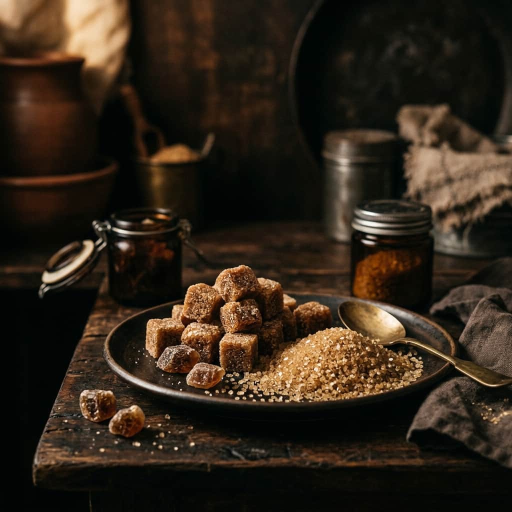 Raw sugar crystals in warm golden light