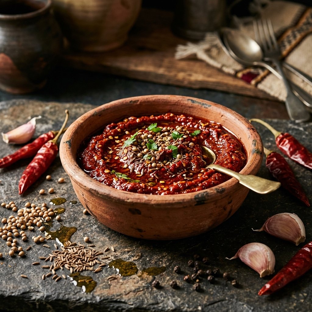 Bright red harissa chili paste in a glass jar with dried peppers, garlic, olive oil, and North African spices