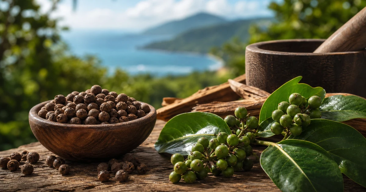 Dried allspice berries with fresh green pimento berries and Jamaican leaves