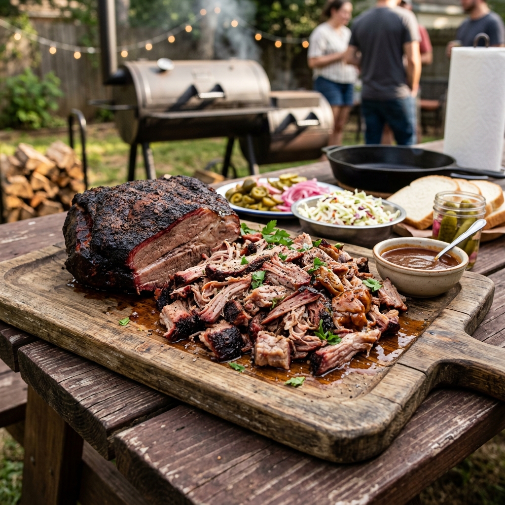 Slow-smoked pulled pork and pork shoulder with a dark bark on a rustic wooden platter in front of a smoker.