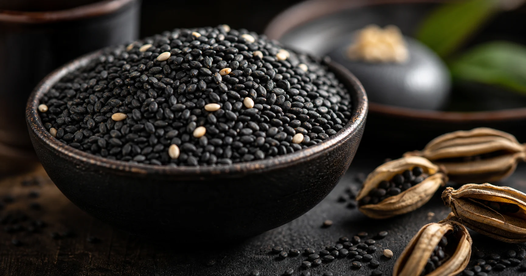 Glossy black sesame seeds in a dark ceramic bowl beside sesame pods