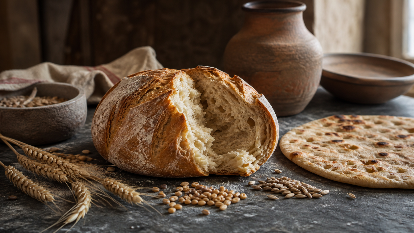 Broken rustic bread loaf, flatbread, wheat, and barley on a stone bakery table