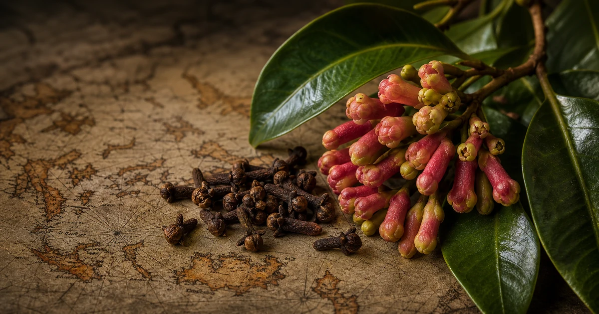 Dried cloves beside fresh pink clove flower buds and a map of the Maluku Islands