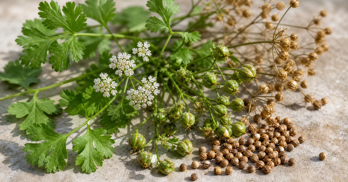 Fresh coriander cilantro leaves beside round dried coriander seeds and flowers