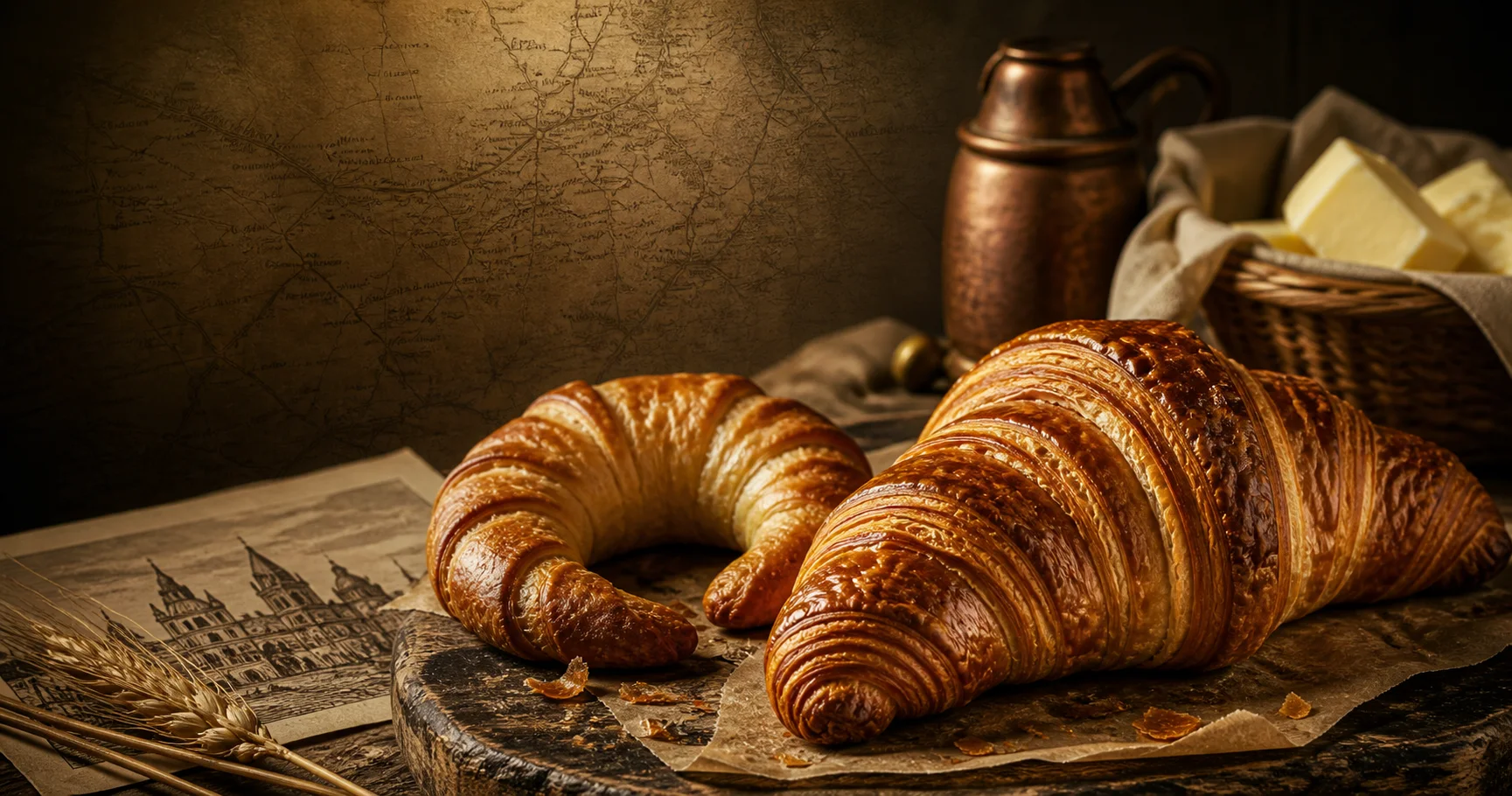 A croissant and Austrian kipferl on a historical bakery table