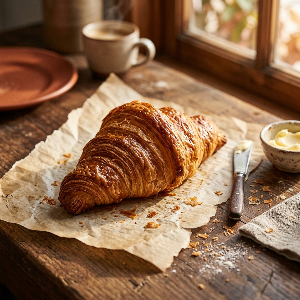 Freshly baked flaky golden French croissant resting on parchment paper beside fresh butter