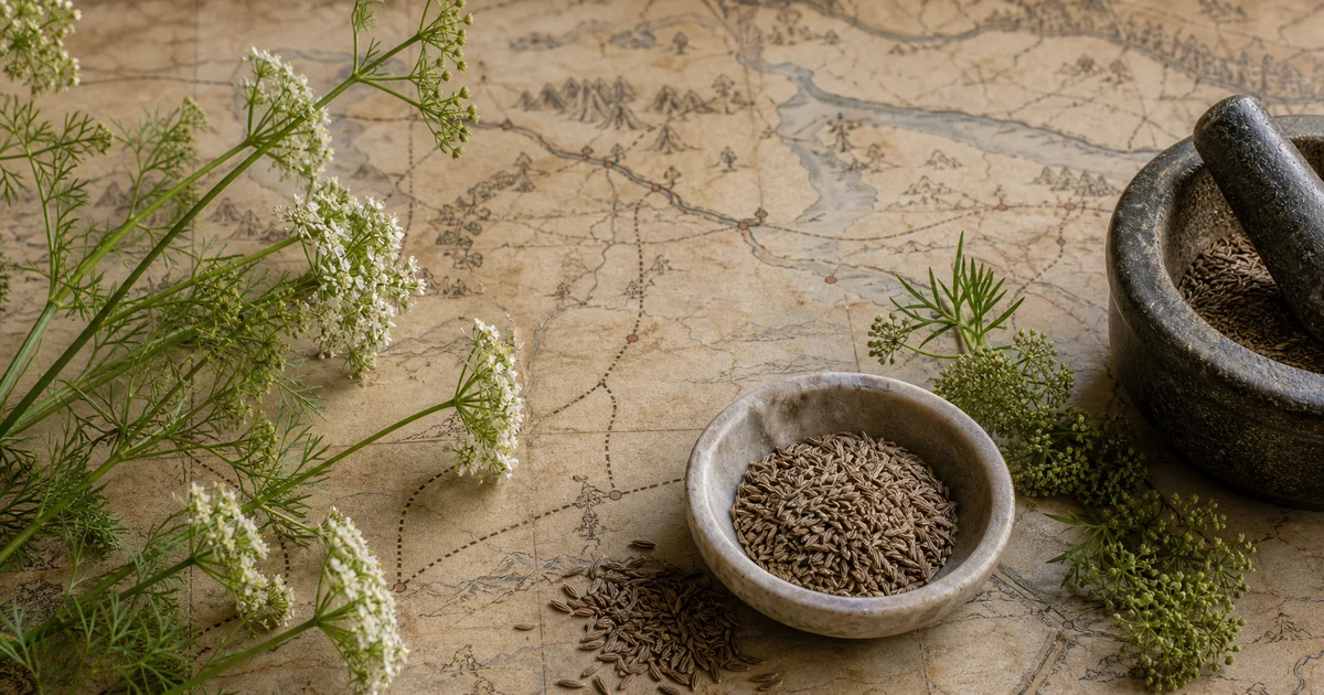 Cumin seeds and flowering Cuminum cyminum plants beside an ancient trade map