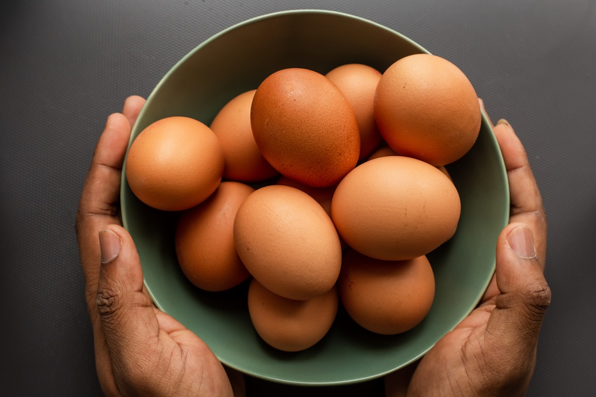 Fresh brown and white chicken eggs arranged in soft natural light
