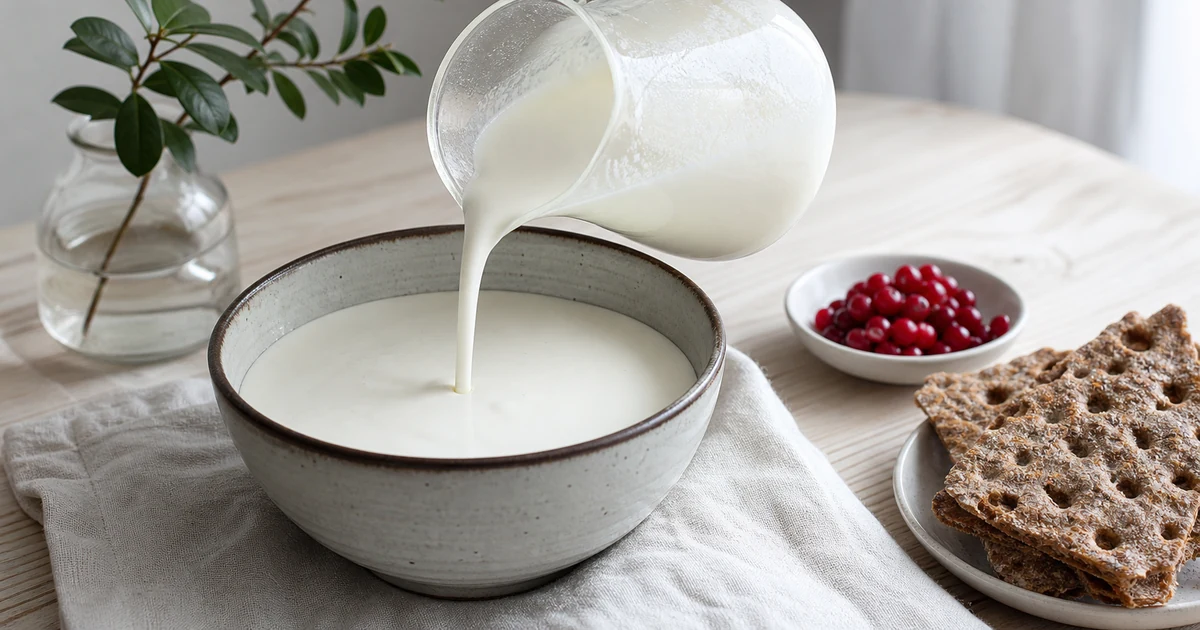 Swedish filmjolk cultured milk poured into a bowl with rye crispbread and berries