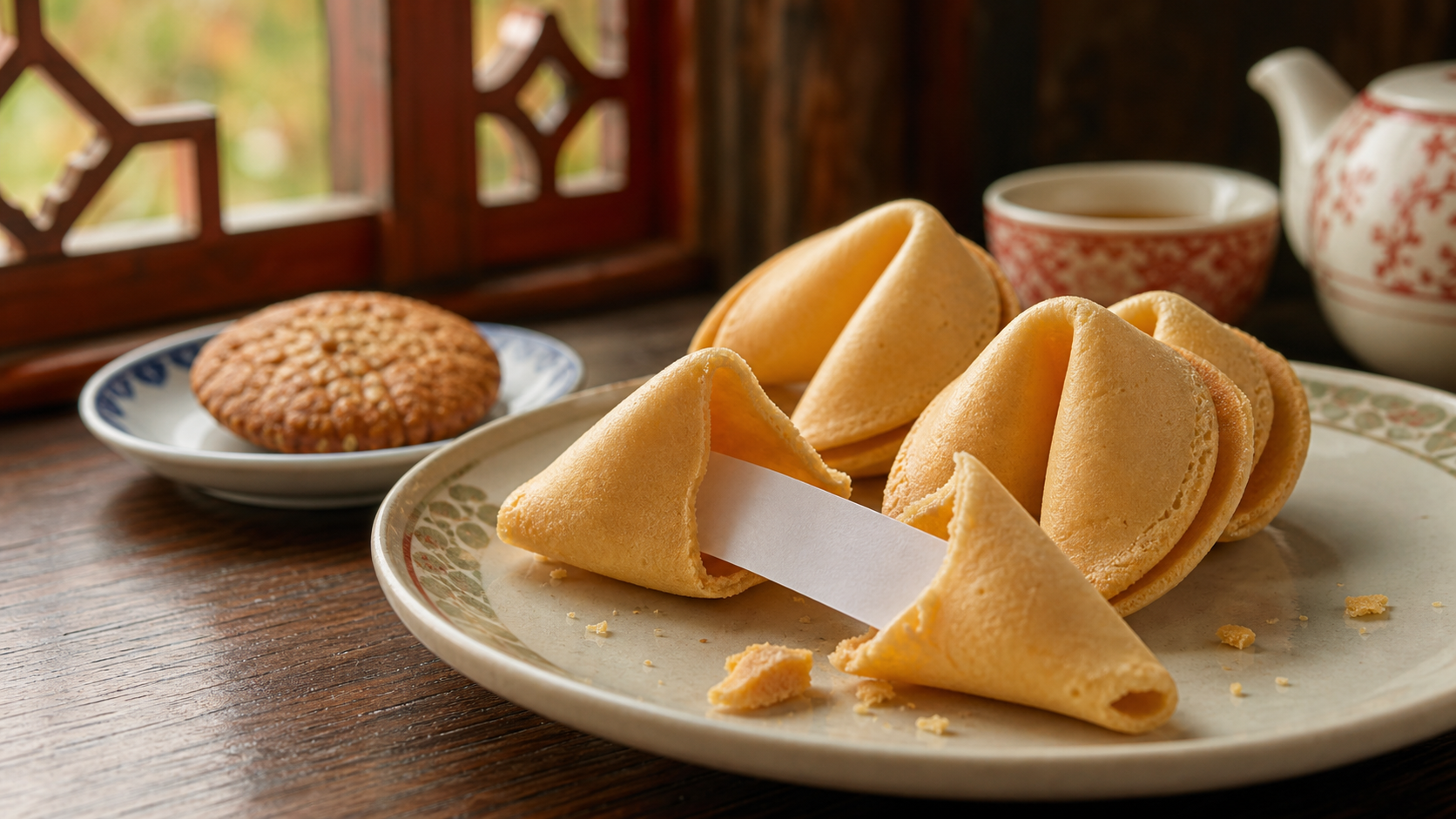 Golden fortune cookies, including one opened around a paper fortune, beside tea and Japanese-style crackers
