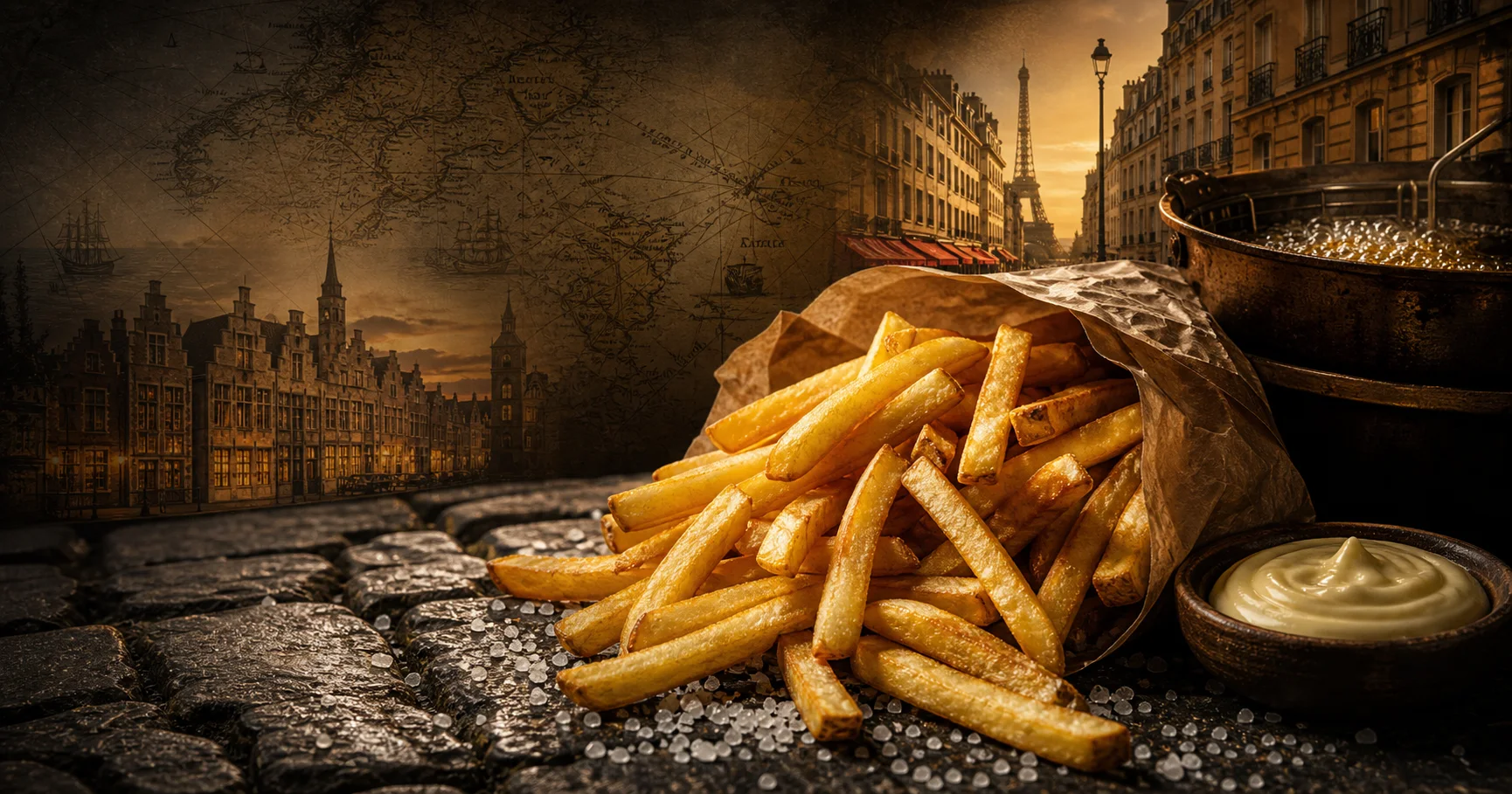 Golden french fries on parchment with an antique food-history map background