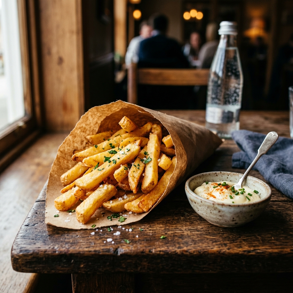 Golden crisp portion of double-fried Belgian-style French fries served in a paper cone with mayonnaise