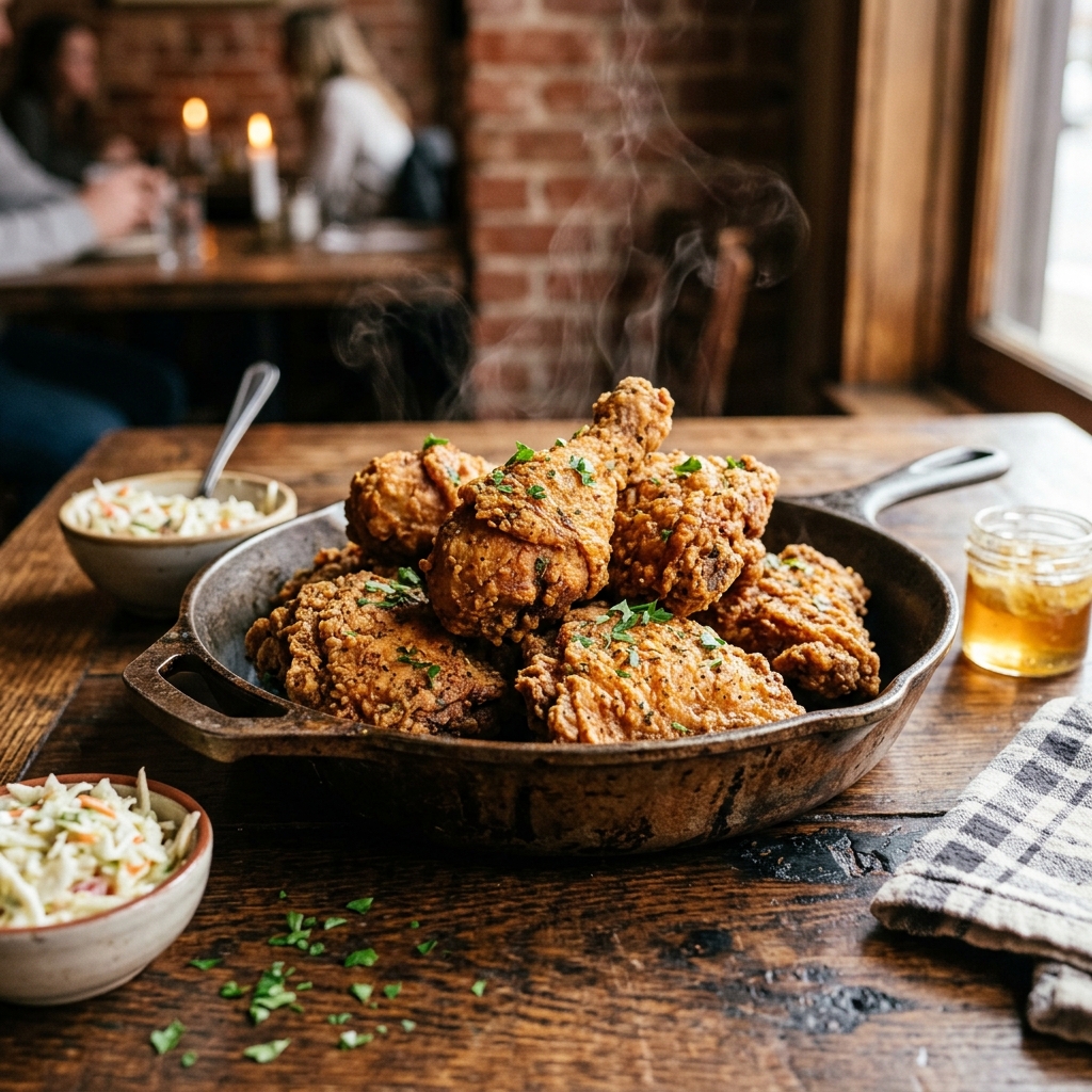 Crispy, golden-brown Southern fried chicken in a cast iron skillet on a rustic wooden table.