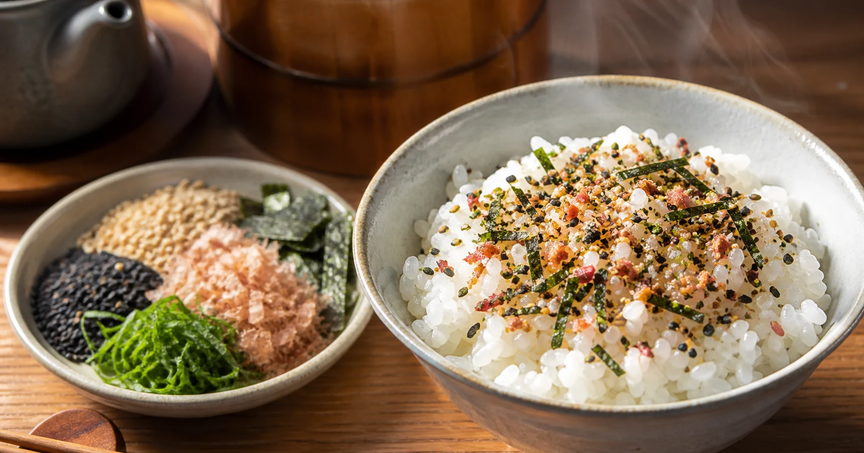 Bowl of white rice topped with furikake beside sesame, nori, shiso, and fish flakes