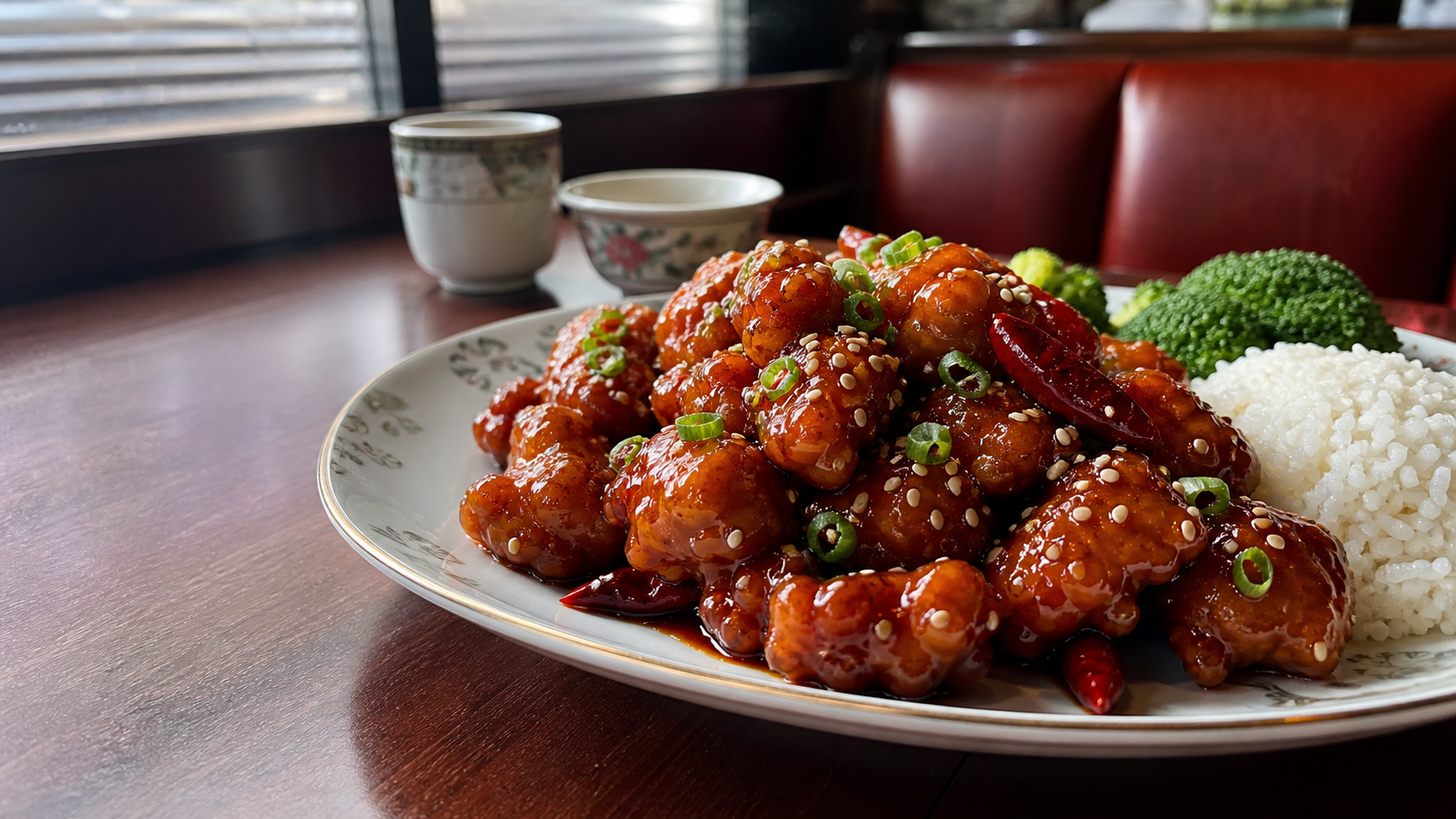 Glossy pieces of General Tso’s chicken with dried red chilies, scallions, sesame, rice, and broccoli
