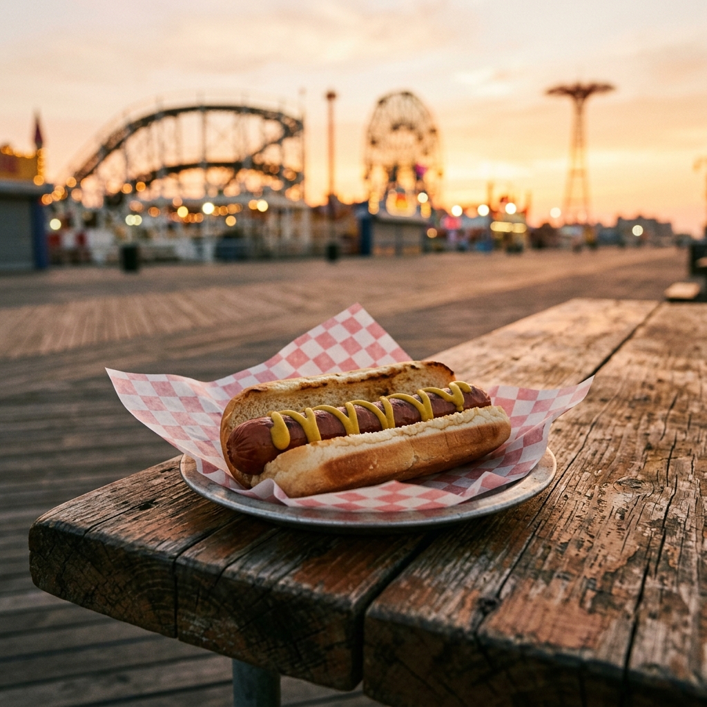 A classic hot dog with a mustard swirl in a bun sitting on a Coney Island wooden boardwalk table at sunset.