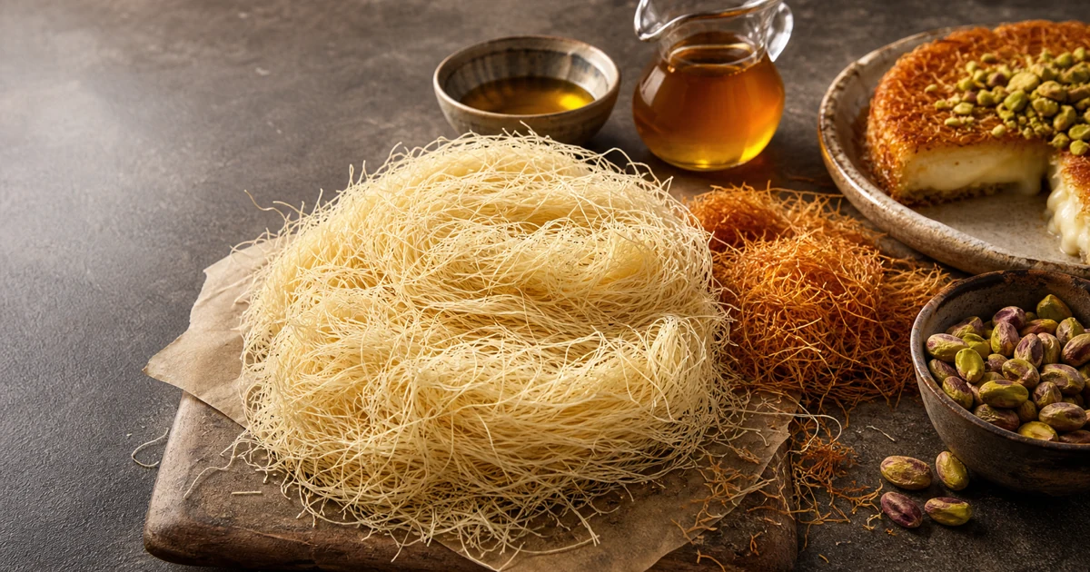 Fine raw and toasted kataifi pastry threads with pistachios, syrup, clarified butter, and a piece of knafeh