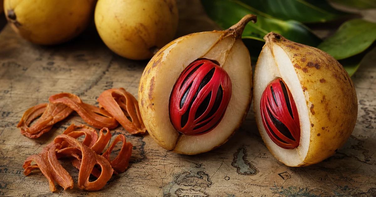 Split nutmeg fruit revealing bright red lace-like mace around a dark seed