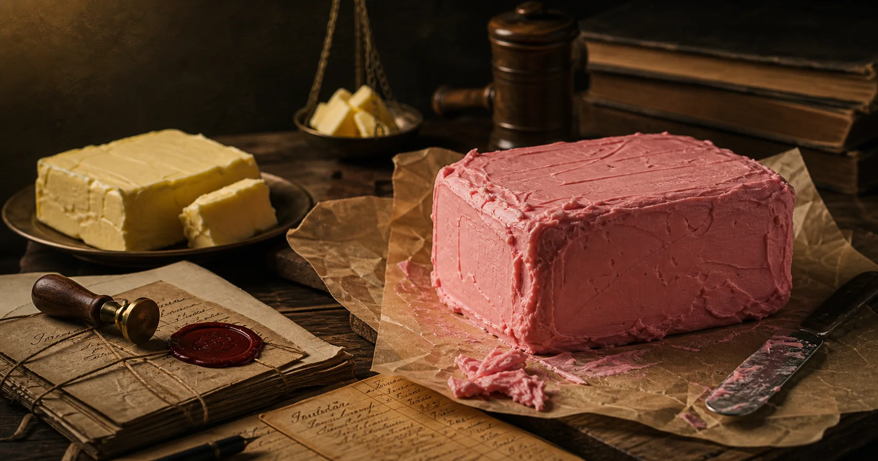 Pink margarine, butter, and legal papers representing margarine color laws