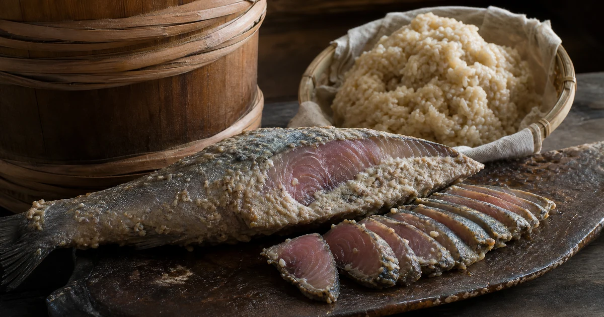 Traditional Japanese narezushi fermented fish sliced beside rice and a wooden barrel