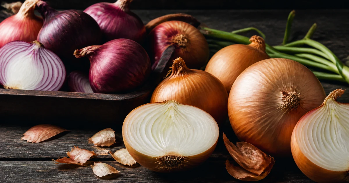 Red and golden onions in rustic setting