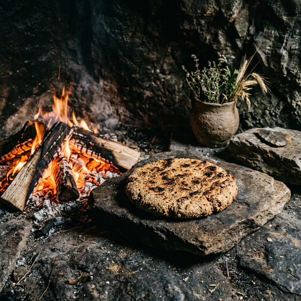 A rustic, slightly charred Neolithic einkorn flatbread on a flat stone next to a cave fire.