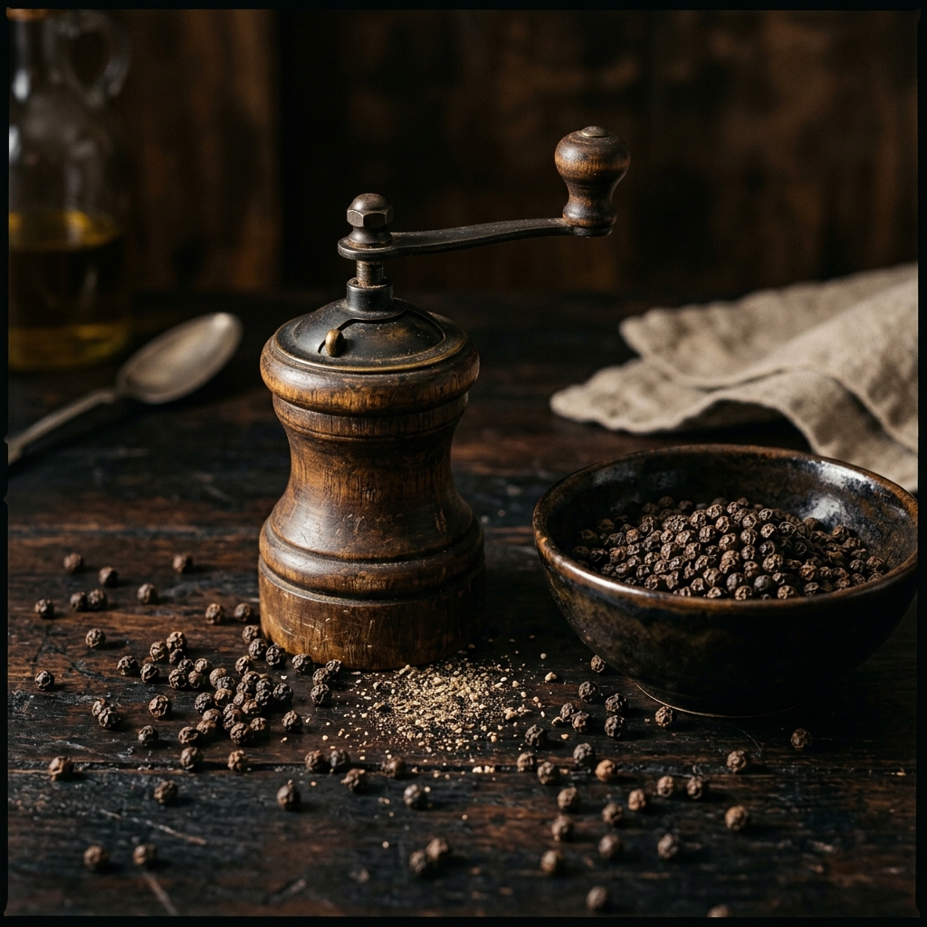 Black peppercorns scattered on dark surface