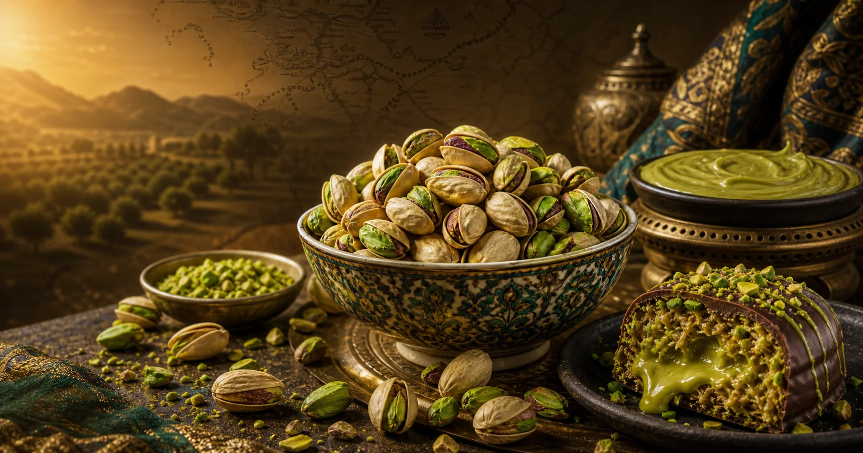 Cracked pistachios, green kernels, and pistachio cream in a Persian-inspired still life