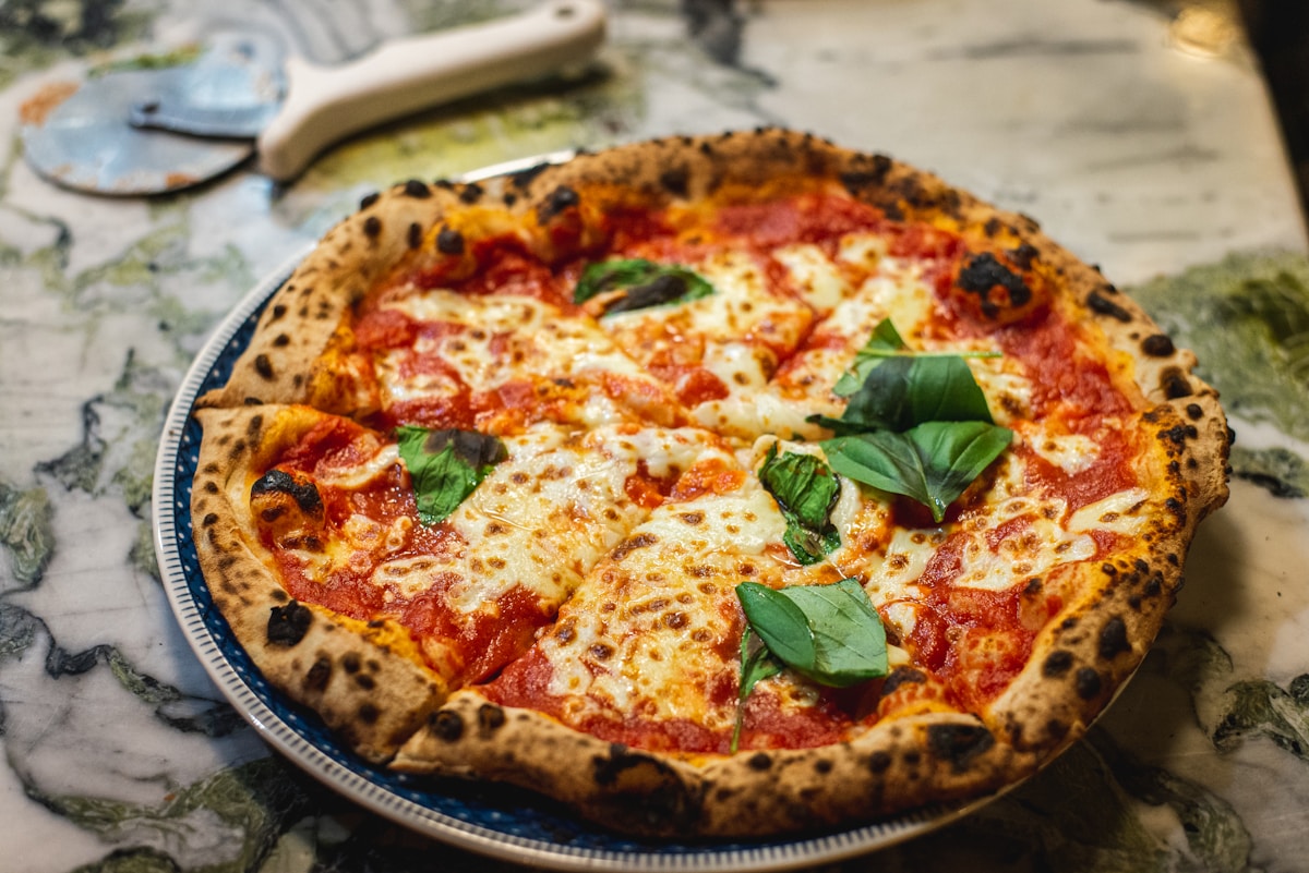 Classic Neapolitan pizza with charred crust