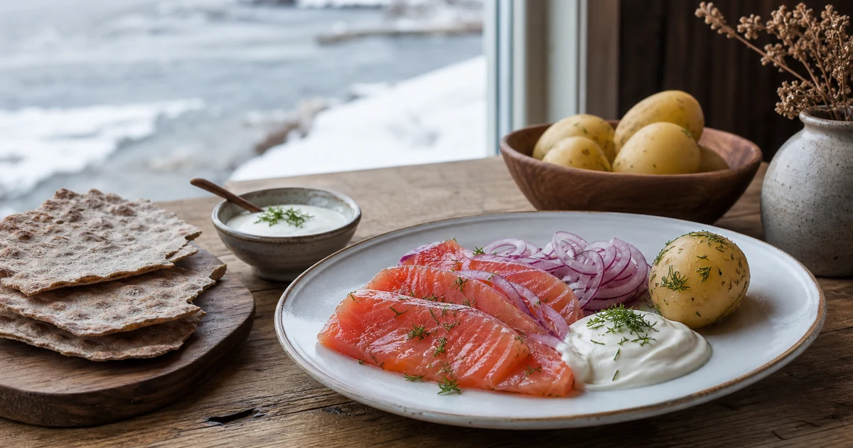 Slices of Norwegian rakfisk fermented trout with flatbread onion and sour cream