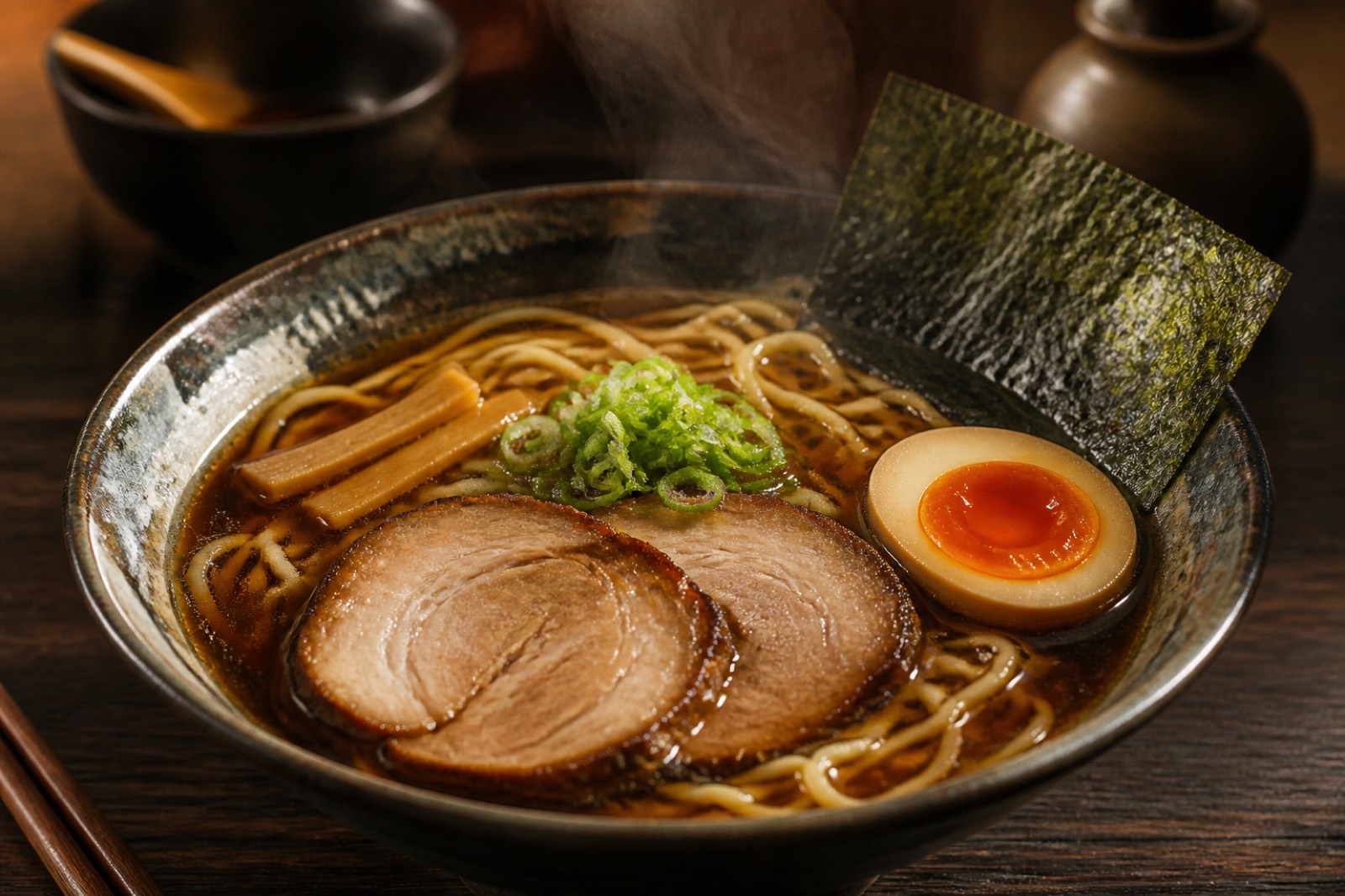 A steaming bowl of ramen with wheat noodles, broth, egg, and toppings