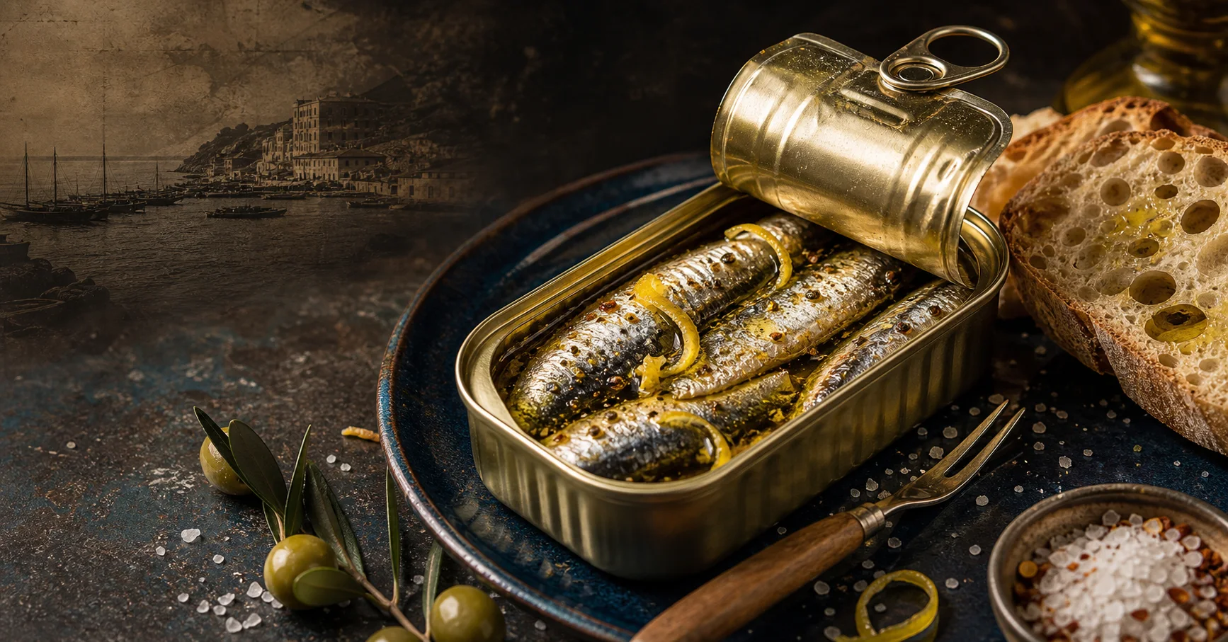 Opened tin of glossy sardines in olive oil with lemon, salt, and rustic bread