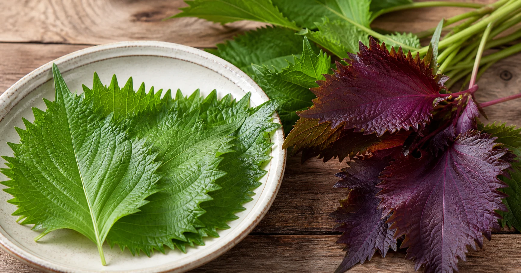 Fresh green and red shiso perilla leaves arranged beside a ceramic dish