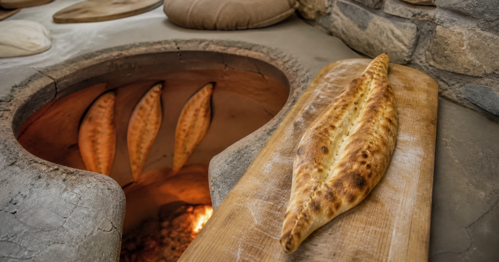 Long canoe-shaped shotis puri bread beside a Georgian tone oven