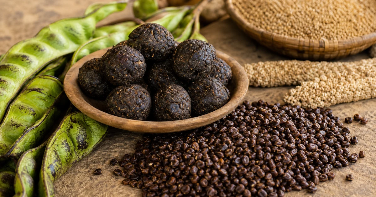 Dark soumbala fermented nere seed balls beside Parkia pods millet and a market basket