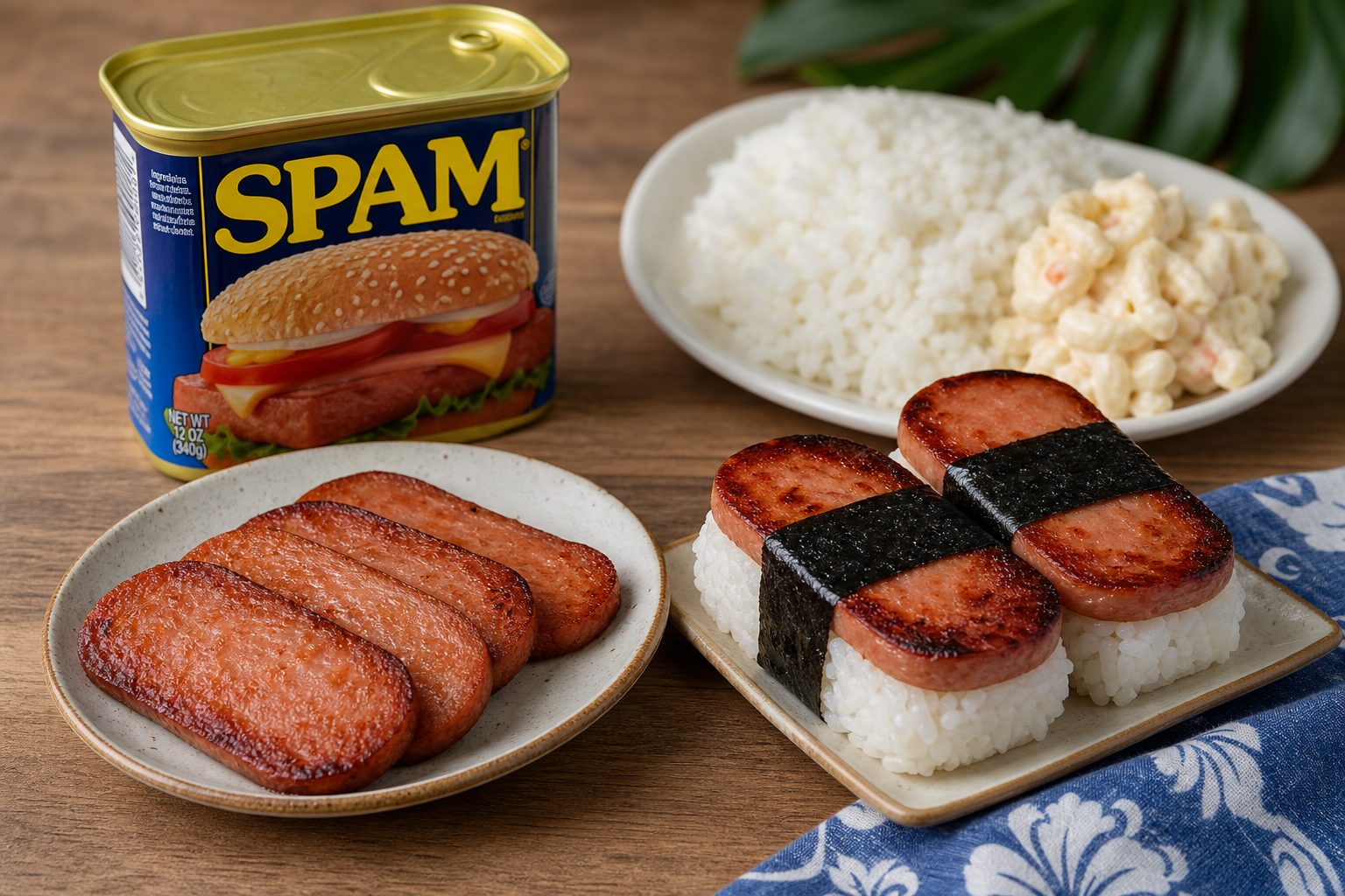 A can of Spam beside sliced fried Spam, Spam musubi, and a Hawaiian plate lunch setting