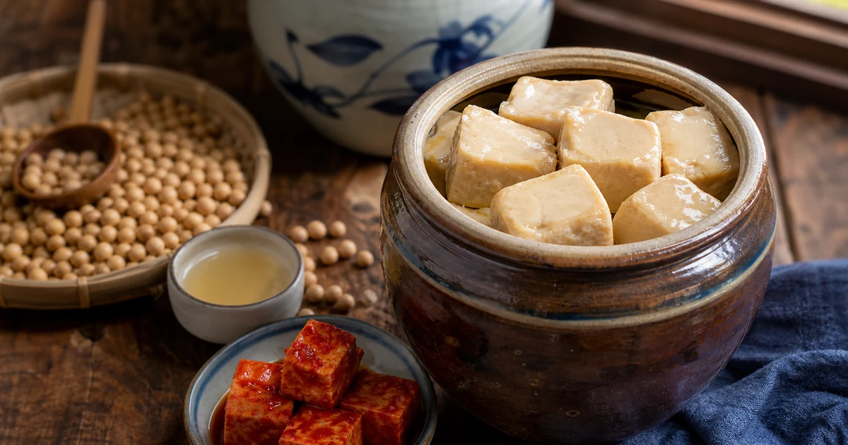 Cubes of Chinese sufu fermented tofu in a ceramic jar with soybeans and rice