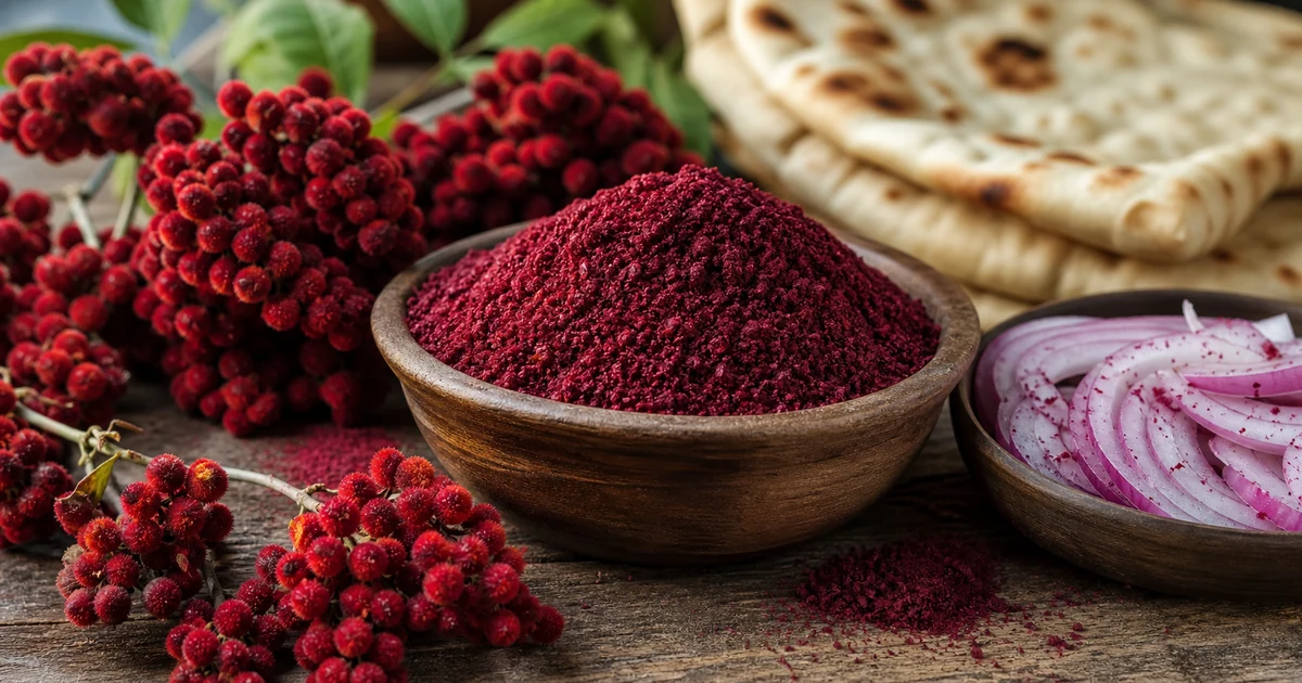 Deep red ground sumac and fuzzy sumac berry clusters beside flatbread and onion
